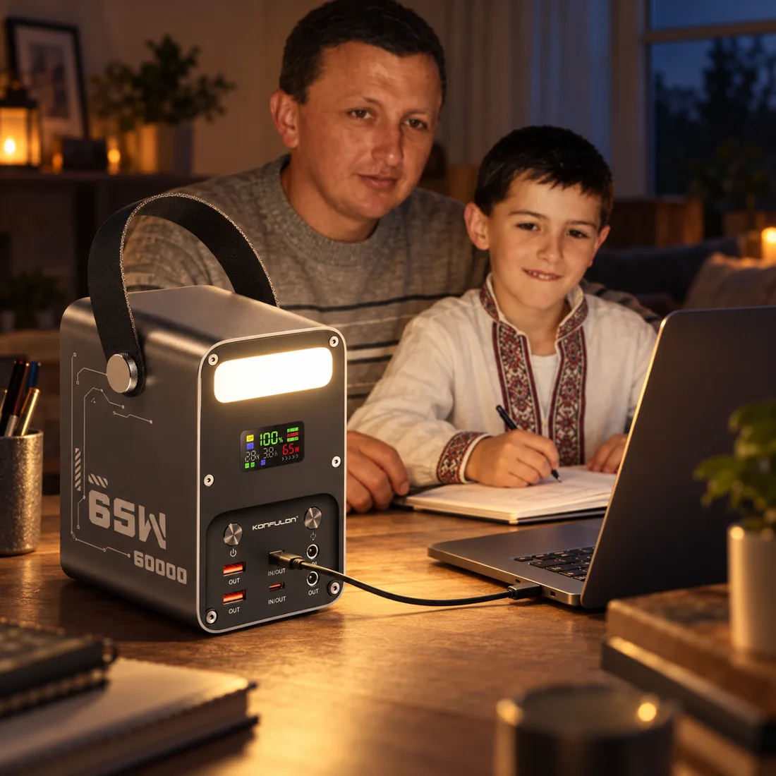 PowerBank 60000 mAh живить ноутбук, поки батько з сином навчаються