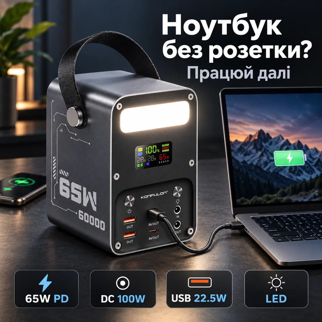 PowerBank 60000 mAh заряджає ноутбук через USB-C